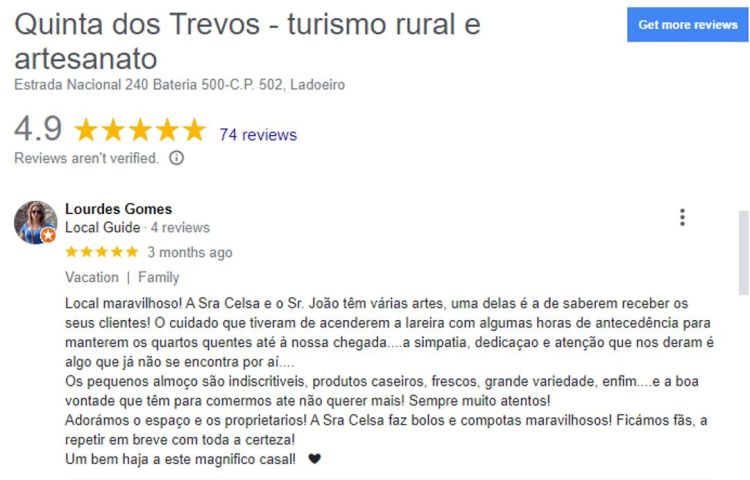 Review Google Lourdes Gomes sobre a Quinta dos Trevos