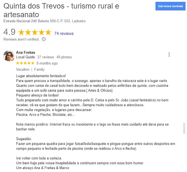 Review Google Ana Freitas sobre a Quinta dos Trevos