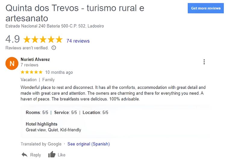 Review Google Nurieti Alvarez sobre a Quinta dos Trevos