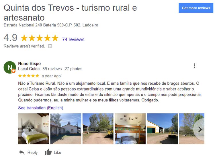Review Google Nuno Bispo sobre a Quinta dos Trevos