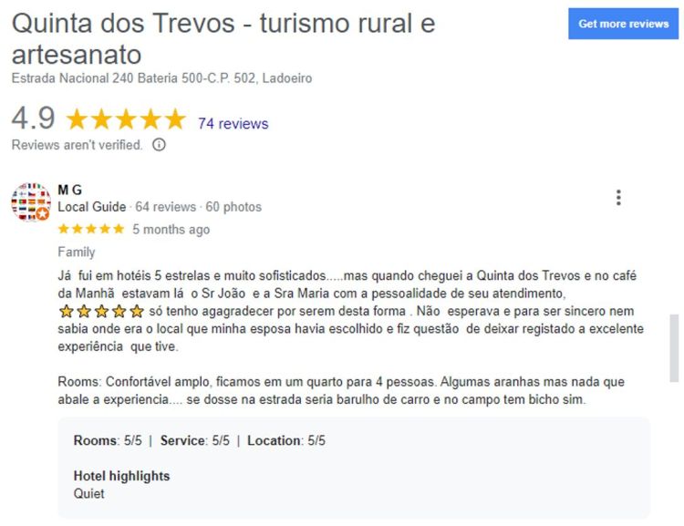 Review Google MG sobre a Quinta dos Trevos