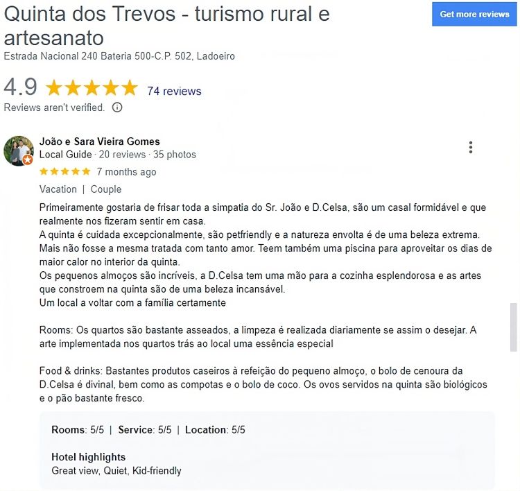 Review Google João e Sara Gomes sobre a Quinta dos Trevos