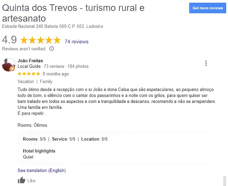 Review Google João Freitas sobre a Quinta dos Trevos
