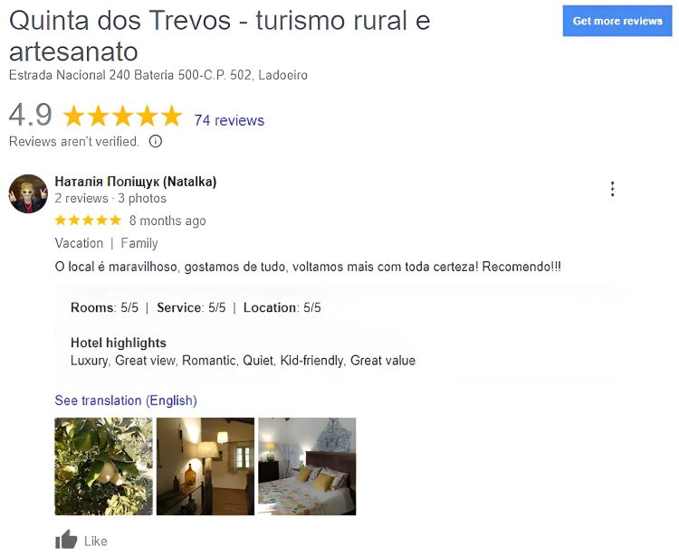 Review Google Natalka sobre a Quinta dos Trevos